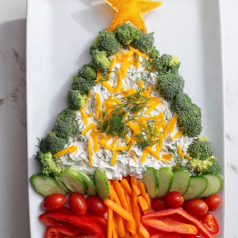 Creamy Christmas Tree Dip Platter, a visually stunning appetizer ready for dipping with colorful crudite.