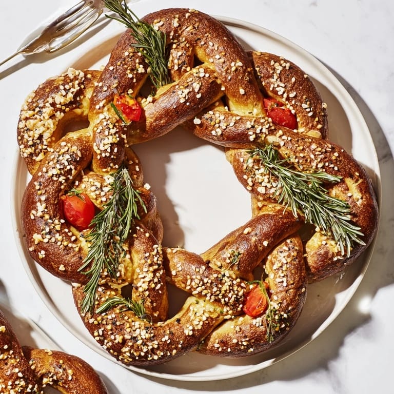 Warm, soft Budget Holiday Pretzel Wreath, glistening with salt, inviting you to enjoy this snack.