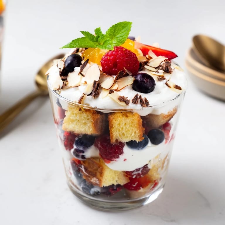 Individual Christmas Trifle Cups, showing cake, fruit, custard, and whipped cream, ready to chill and serve.