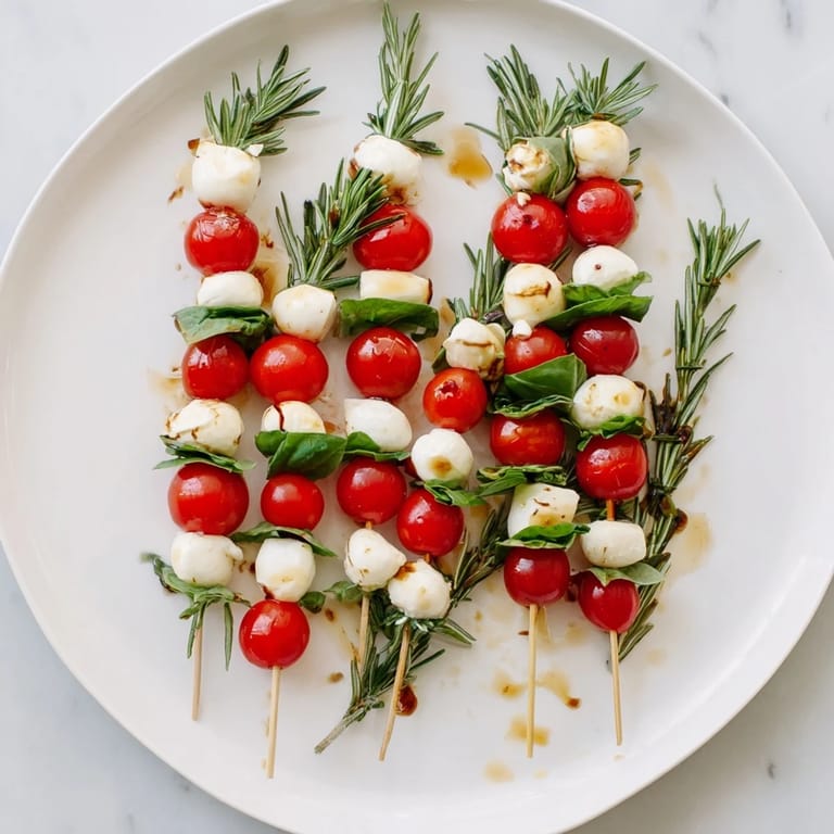 Bright red cherry tomatoes and creamy mozzarella make up these simple Easy Christmas Tree Caprese Skewers.