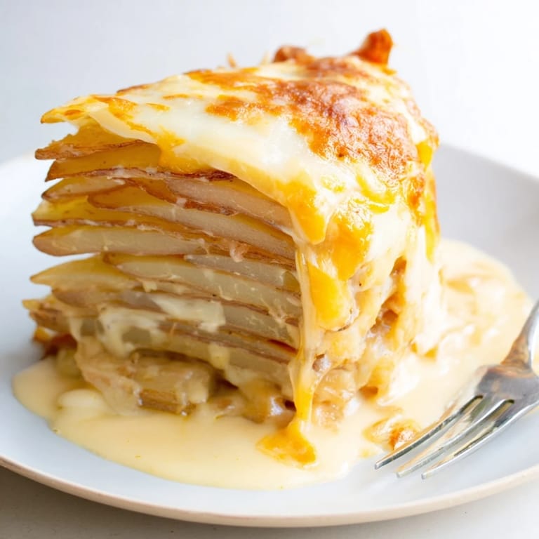 This hearty Budget-Friendly Potato Layer Bake features soft potato layers in a creamy cheese sauce, ready to serve.