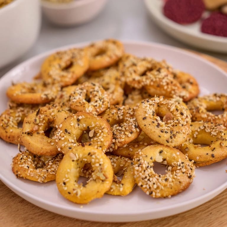 Festive close up of the homemade air fryer bagel chip Christmas mix, boasting savory and sweet flavors!