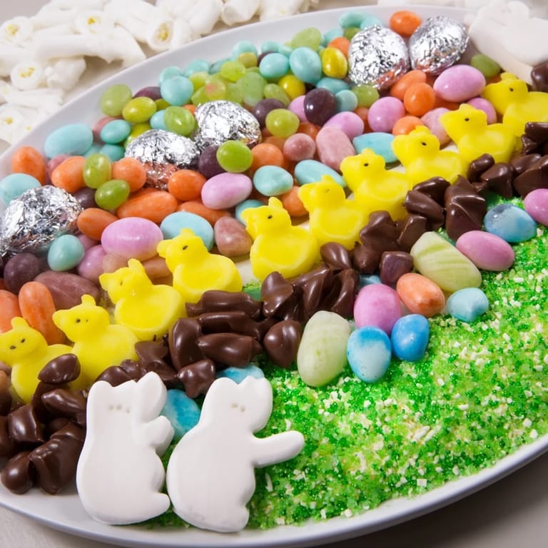 Imagine this festive Egg-Shaped Candy Platter bursting with a joyful assortment of Easter candies, ready to eat.