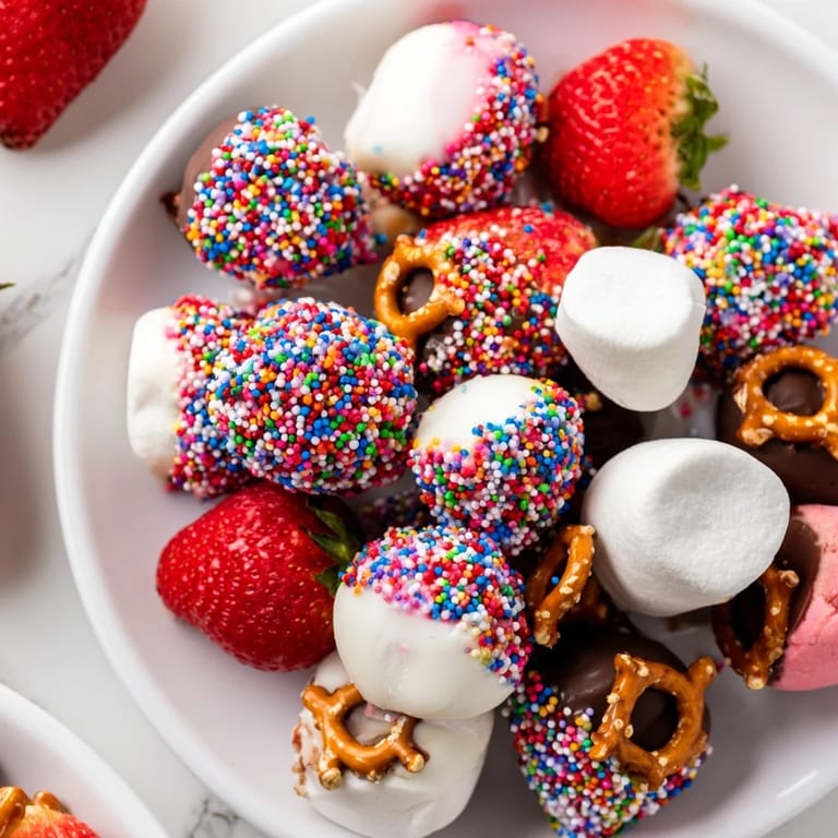 A vibrant dessert featuring a Rainbow Sprinkle Party Board, filled with dipped goodies and colorful toppings.