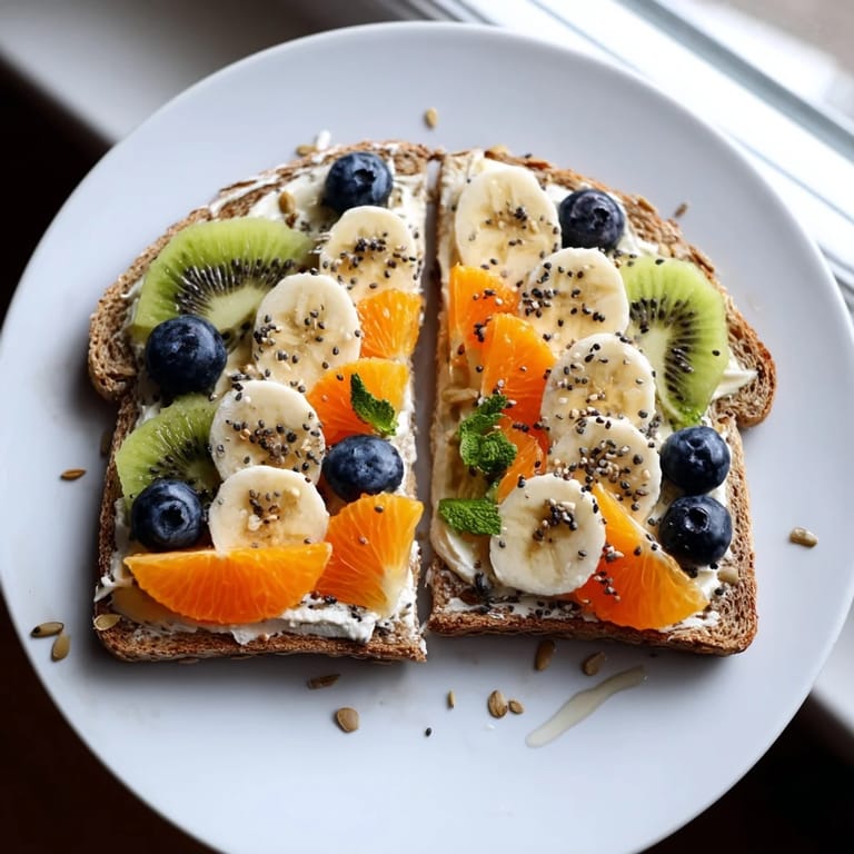 Delicious Morning Sun Breakfast Toasts artfully arranged with colorful fruits and seeds; a healthy breakfast.