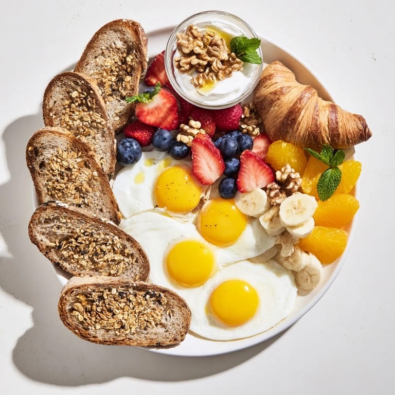 Imagine a delicious Soleil Matinal Breakfast Platter: multigrain toast, berries, eggs, drizzled honey, and crunchy granola.