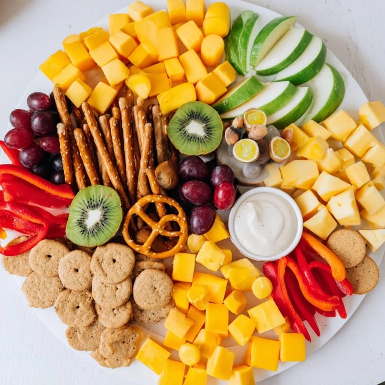 A vibrant Spaceship Launch Snack Board featuring cheese "fuselage" with fruit & veggie "rocket boosters" ready for a party.