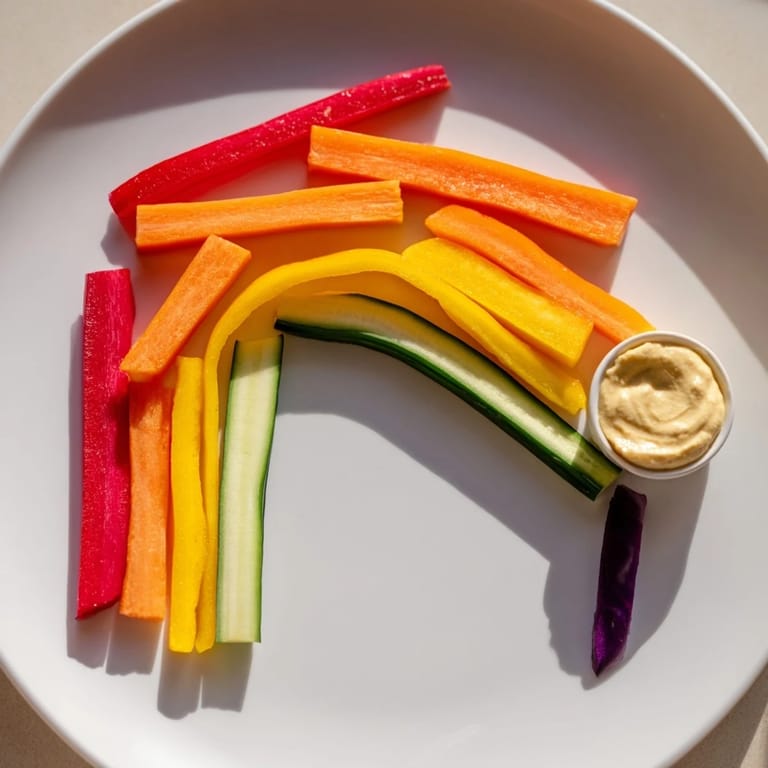 Vibrant Rainbow Arch Veggie Sticks: a festive platter of fresh, raw vegetables with creamy dip alongside.