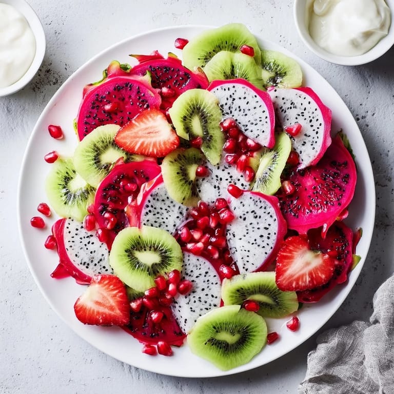 Beautiful dragon scales fruit board with overlapping fruit slices, featuring chocolate and yogurt dips for dipping.