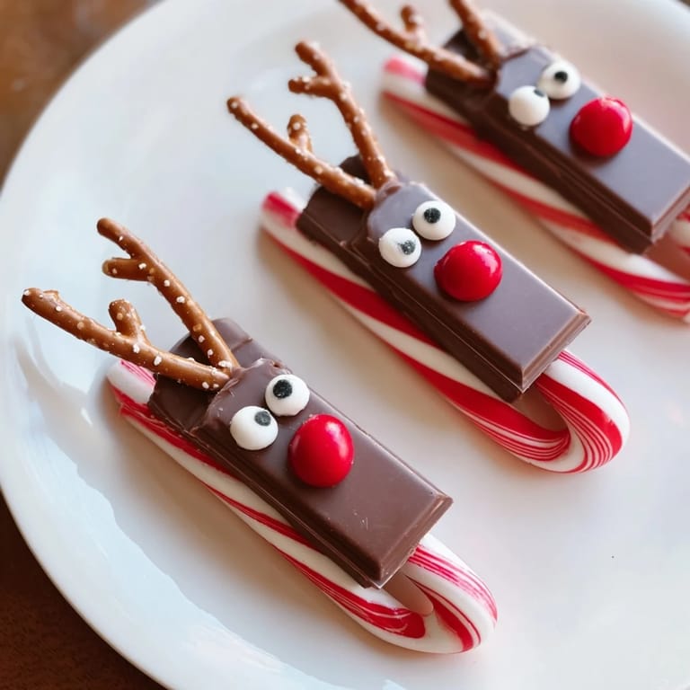 Delightful close-up of Rudolph Candy Cane Sleds: charming, no-bake treats with pretzel antlers and a red nose.