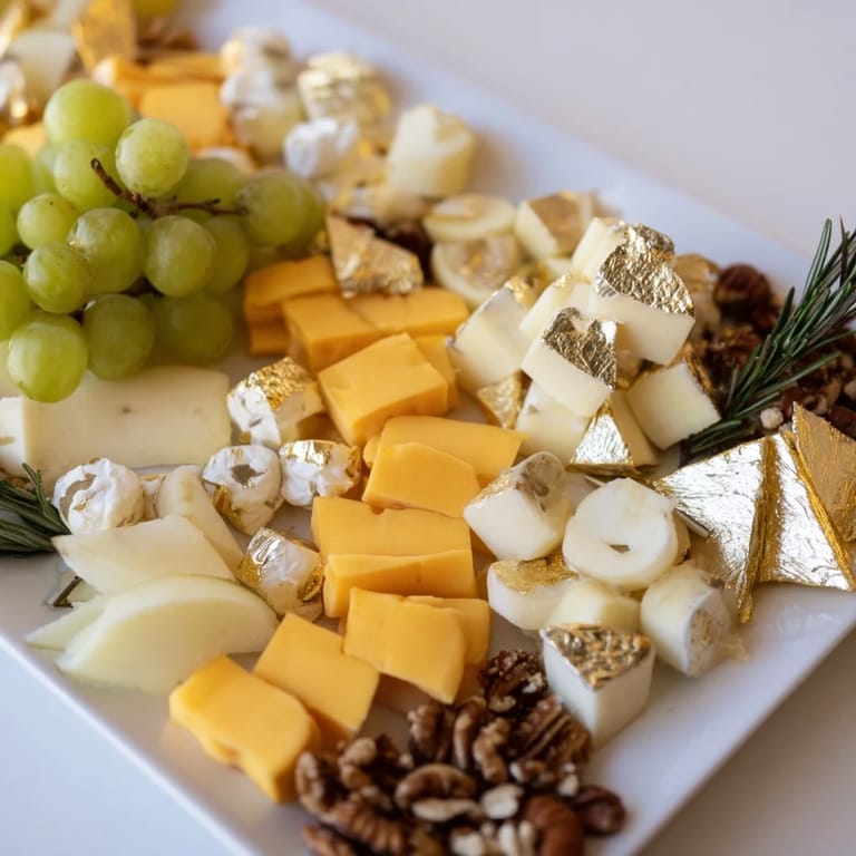 A visually stunning Gold and Silver Cheese Cube Board with assorted cheeses, fruits, and nuts for New Year's Eve.