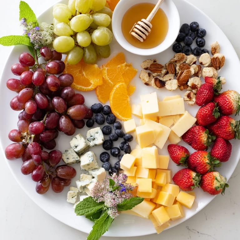 Elegant Grapes of Fortune board featuring a vibrant spread of cheese, crackers, and delicious treats to enjoy.