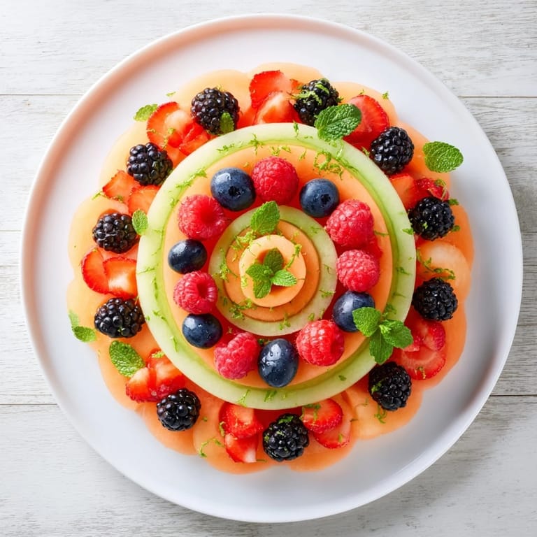 This refreshing fruit platter displays juicy cantaloupe, honeydew, and berries arranged in lovely circles.