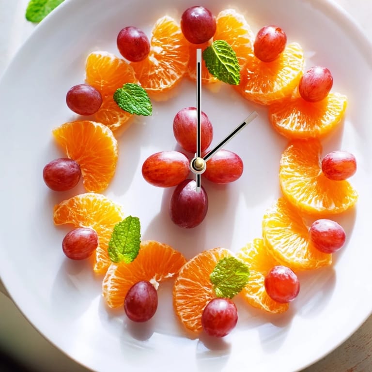Imagine the refreshing Grape and Orange Slice Clock Face: a colorful, healthy brunch ready to enjoy.