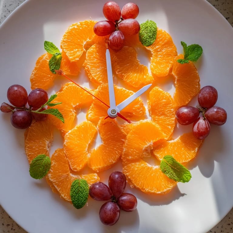 Presenting the delightful Grape and Orange Slice Clock Face: a quick and easy fruit platter for kids or parties.