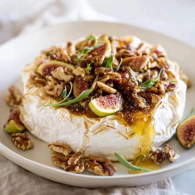 A close-up of a warm Baked Brie with a glistening pastry crust and a swirl of vibrant fig jam.