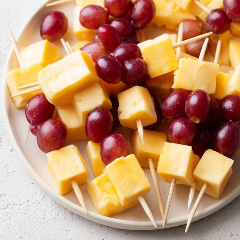 Vibrant cheese and grape skewers: easy to assemble, perfect for summer parties with a sweet-salty flavor.