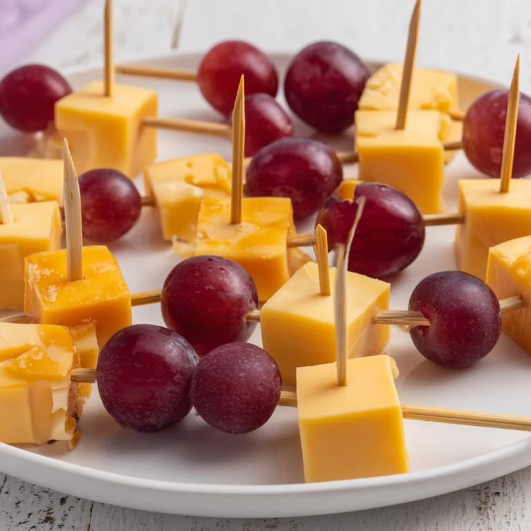 Close-up of cheese and grape skewers, a simple snack with creamy cheese and bursting grape sweetness.