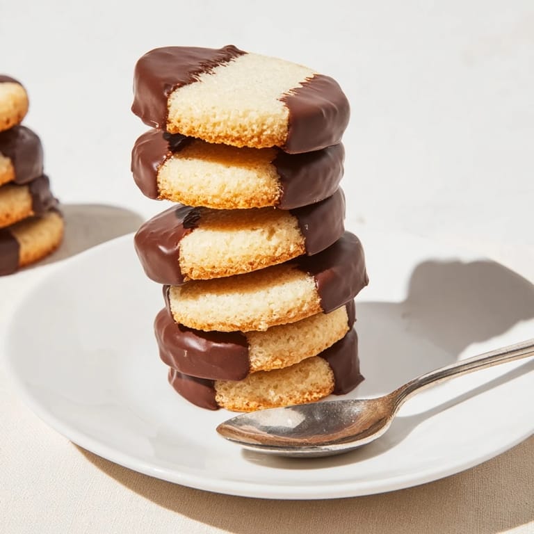 Close-up of freshly dipped Simple Cookies: Vanilla Wafers, displaying the delicious chocolate coating and texture.