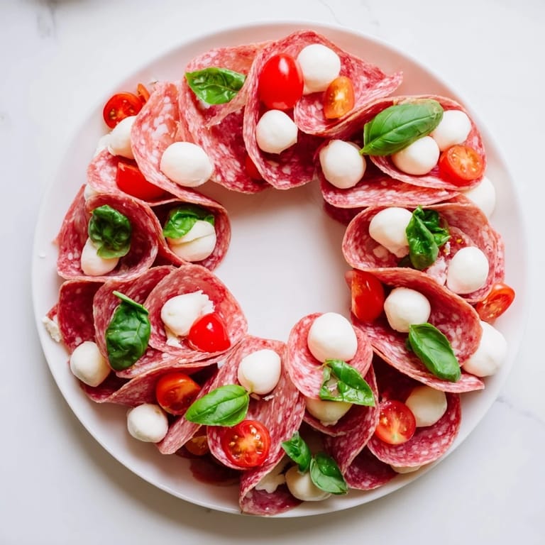 Appetizing close-up of a folded salami wreath with fresh basil, perfect for entertaining.
