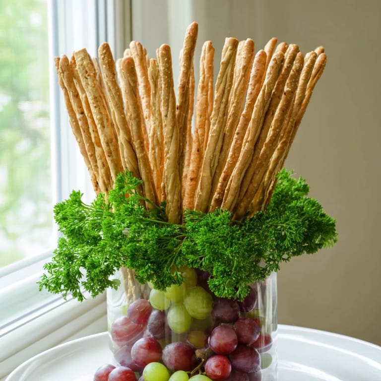 Vibrant "Vertical Forest" arrangement: reach for crunchy breadsticks nestled amongst fresh grapes.