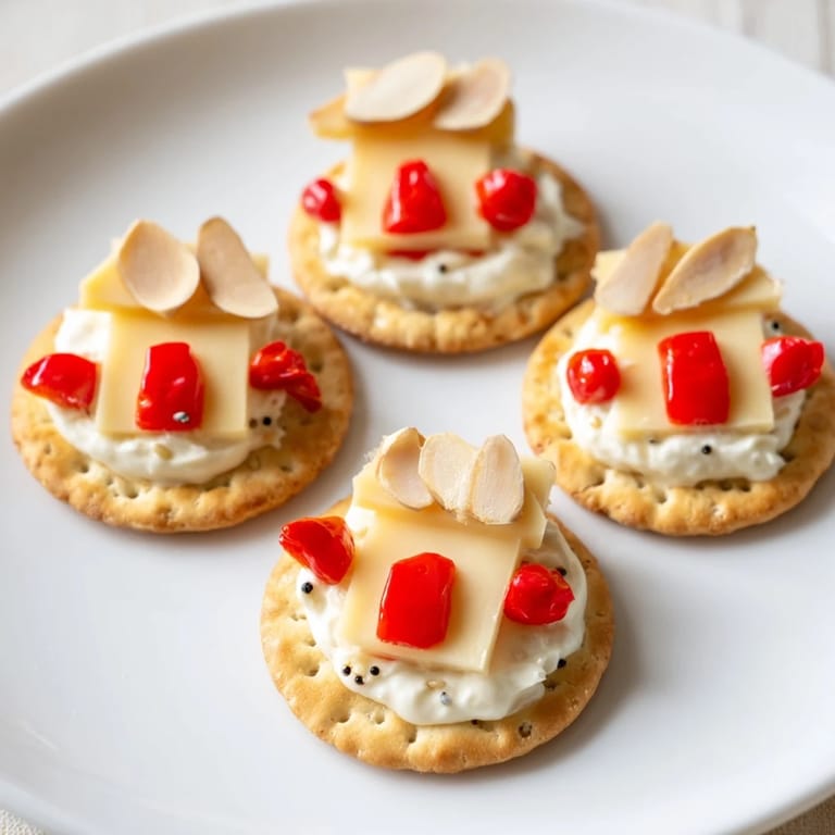 Festive Alpine Village appetizer with cheese houses featuring almond roofs and chive trees on a cracker base.