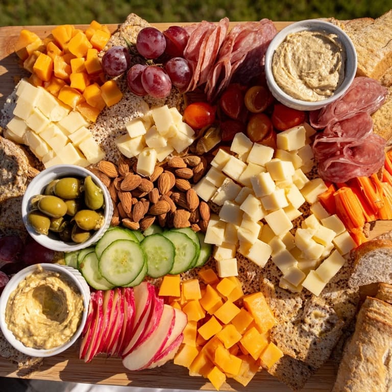 This Picnic Basket Snack Board offers a delightful spread, featuring fresh fruit and savory cured meats.