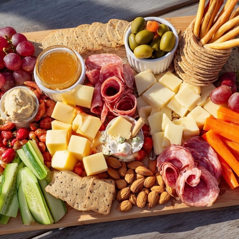 Enjoy this easy-to-assemble Picnic Basket Snack Board, a visual delight filled with various tasty bites.