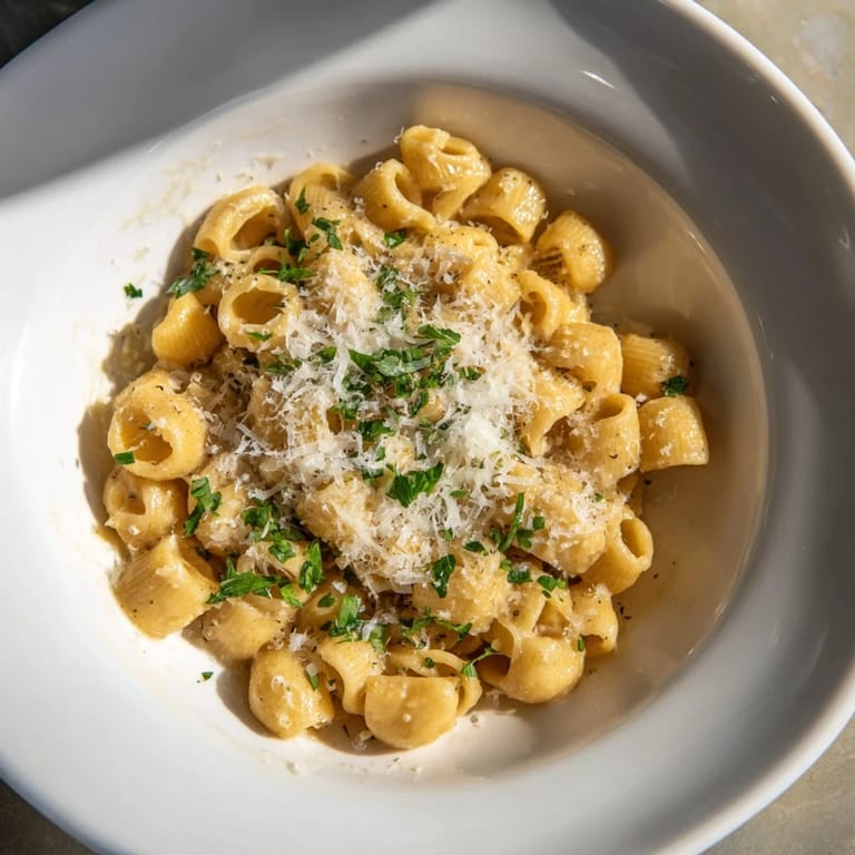 Close-up of velvety 15-Minute Garlic Parmesan Pasta, showcasing the perfectly cooked ditalini and rich sauce.