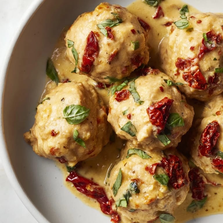 A close-up of delicious Marry Me Chicken Meatballs with rich sauce, garnished with fresh basil.