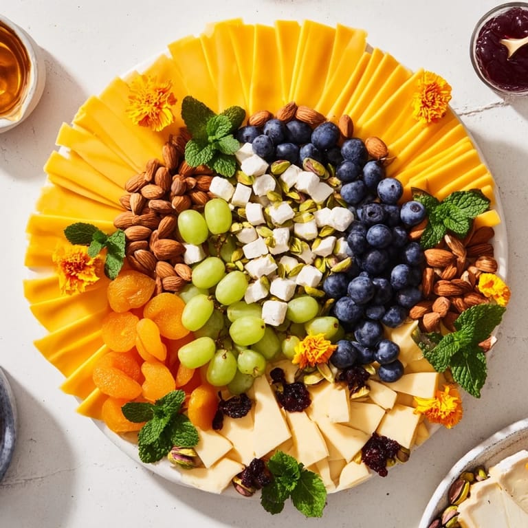 Vibrant Daffodil Cheese Board: a beautiful arrangement of cheeses, nuts, and crackers for a tasty appetizer.