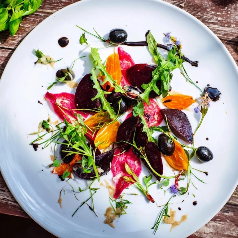 The Shadow Play appetizer showcases dramatic silhouettes with thinly sliced beets, olives, and black tahini.