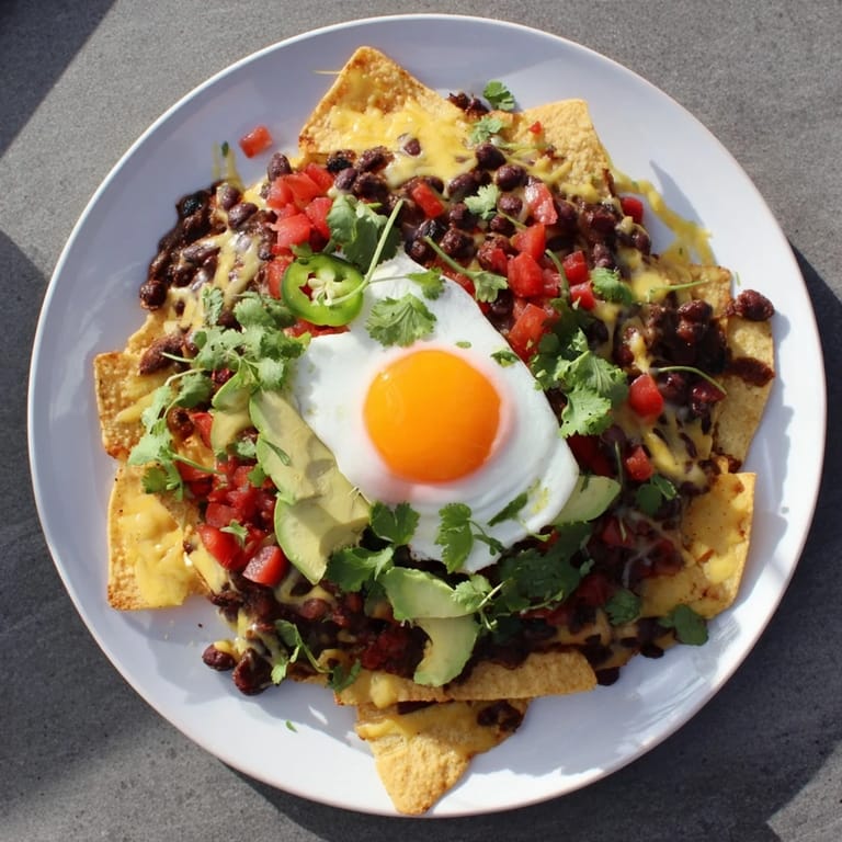 Golden, bubbly Egg-Topped Breakfast Nachos, loaded with beans, veggies, and perfectly cooked eggs.