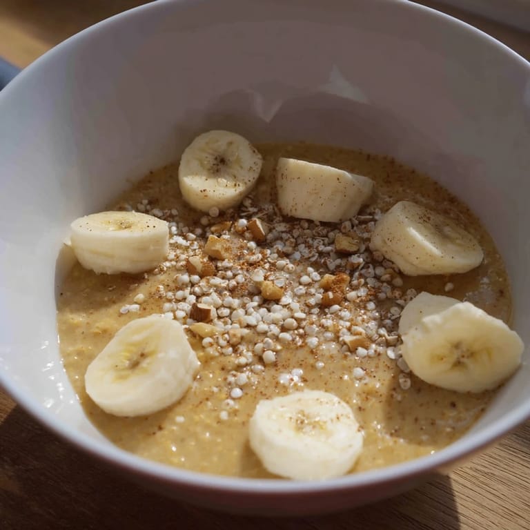 Warm, creamy Microwave Banana Oats topped with fresh banana slices and chopped nuts, described visually.