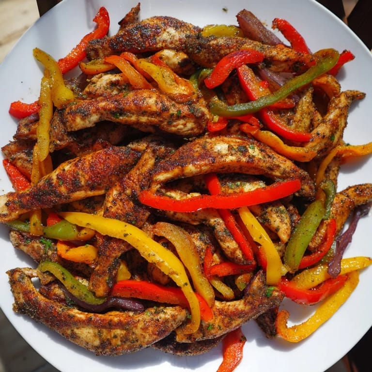 Close-up of Sheet-Pan Chicken Fajitas, showcasing tender chicken and vibrant peppers, a flavorful Tex-Mex meal.