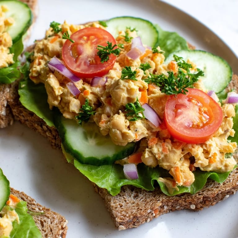 A close-up image shows a vibrant Easy Chickpea Salad Sandwich, perfectly stuffed with fresh ingredients.