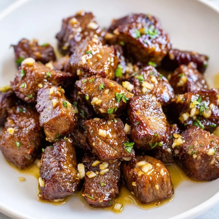Savory air-fryer garlic-butter steak bites, perfectly cooked and tossed in a rich garlic butter sauce.