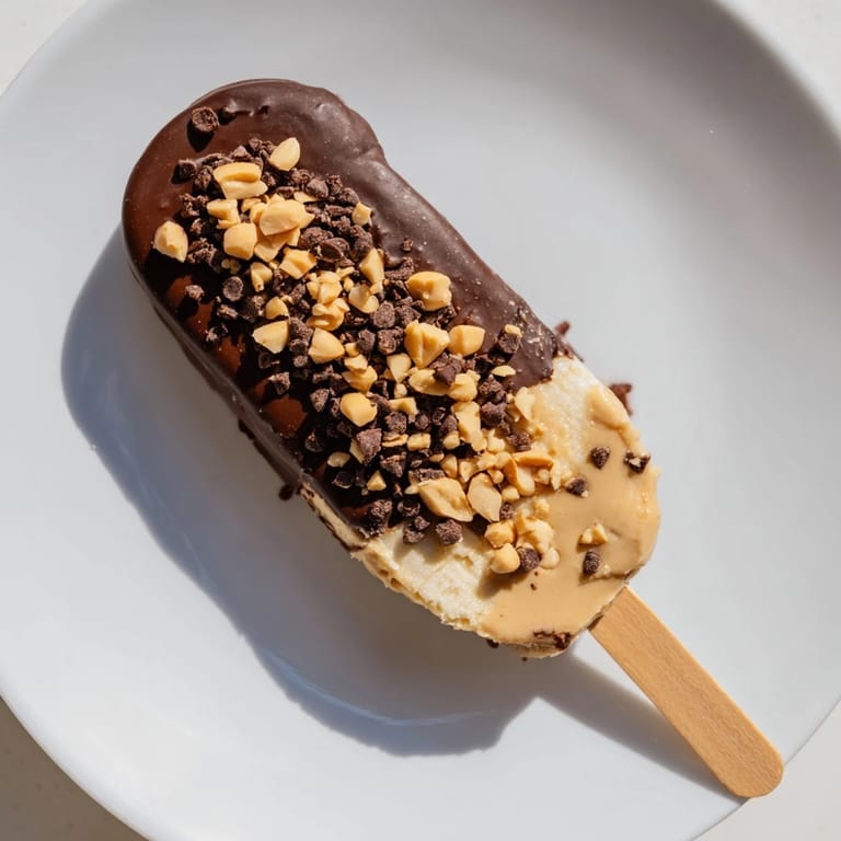Close-up of freshly made Frozen Banana Chocolate Pops, drizzled with melting chocolate and toppings.