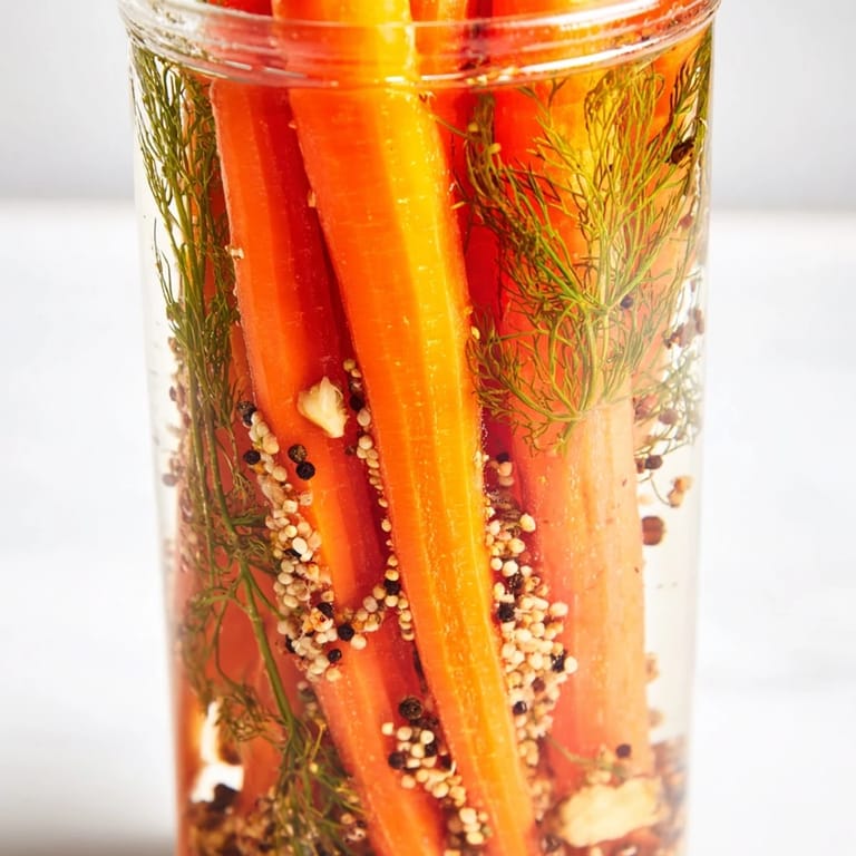 Close-up of quick pickled carrot spears, a colorful snack, served with their tangy brine for a snack.