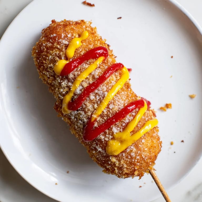 A close-up of a stack of Korean-inspired corn dogs with ketchup and mustard, ready to eat now.
