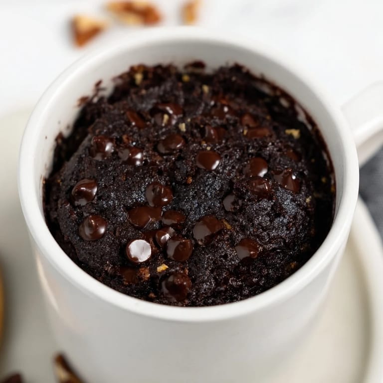 A steaming, single-serve chocolate Mug Brownie, perfect for a late-night treat, straight from the microwave.