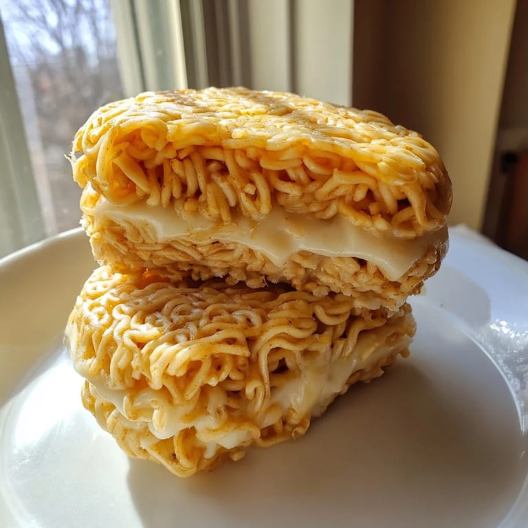 Close-up of a perfectly cooked Ramen Grilled Cheese, with a golden exterior and gooey cheese pull.