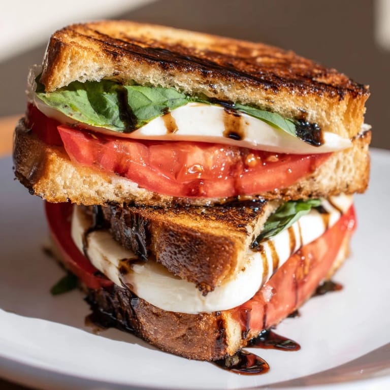 Close-up of a warm and melty Caprese Salad Grilled Cheese, ready to be enjoyed as a perfect lunch.