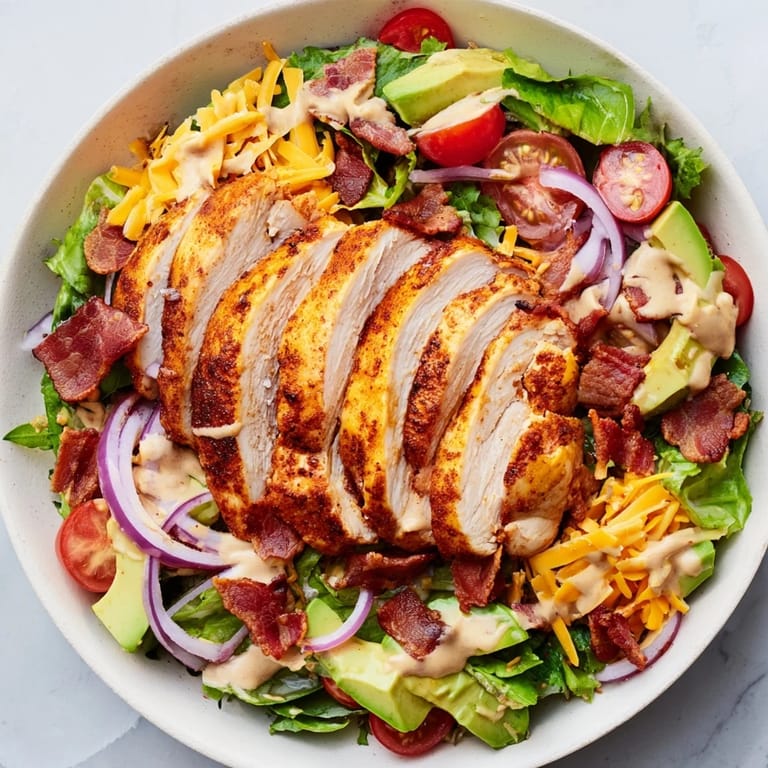 A beautiful bowl of Crispy Bacon Chicken Salad, showcasing the textures and flavors with vibrant ingredients.