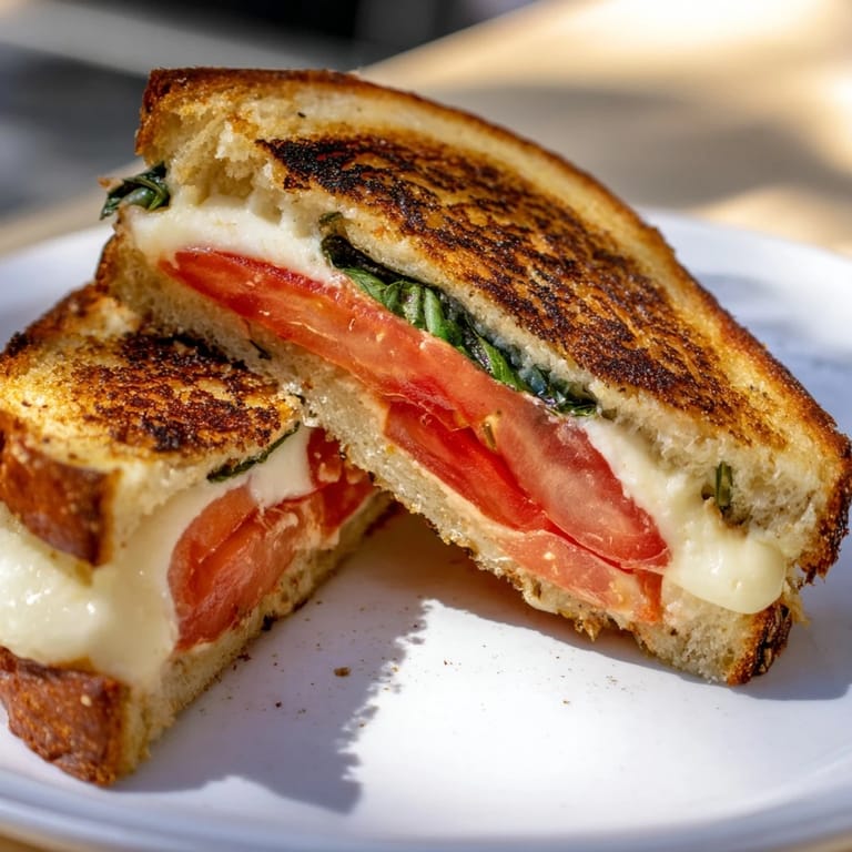 A close-up of a perfectly grilled Tomato Basil Grilled Cheese, ready for a delicious lunch.