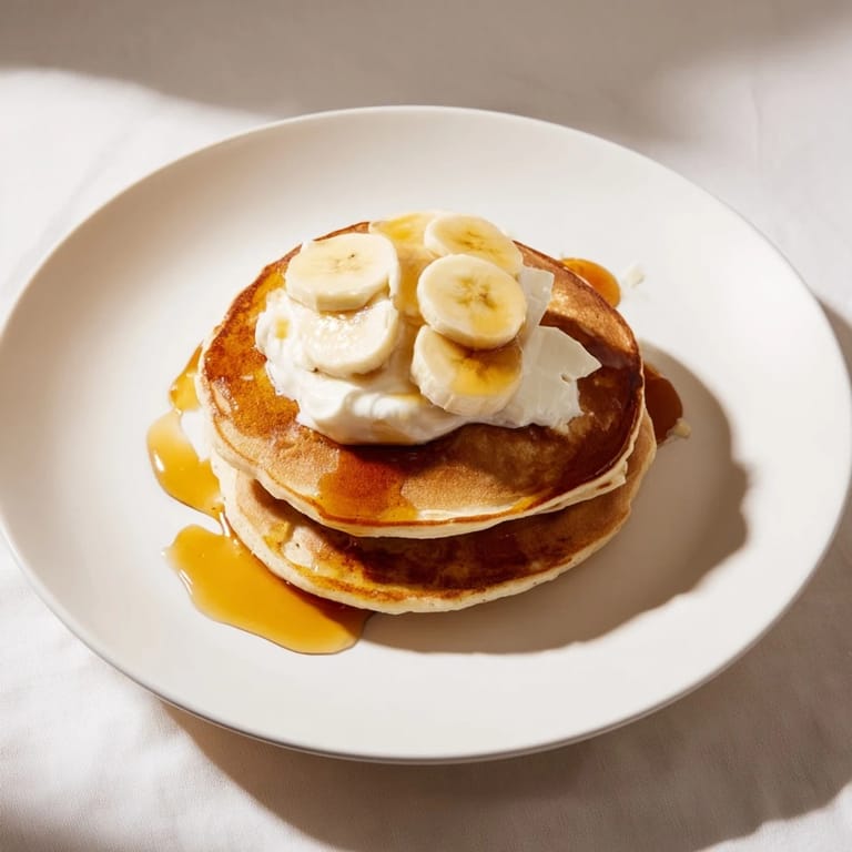 Stack of fluffy Protein Banana Pancakes, drizzled with syrup and topped with fresh berries, delicious!