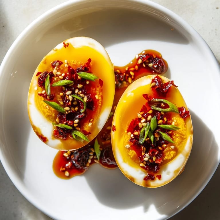 Brightly plated Chili Oil Eggs showcasing glistening yolks and a generous swirl of spicy chili sauce.