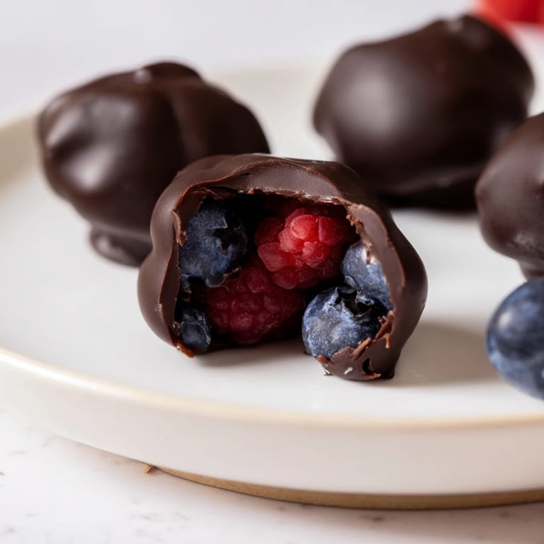 Beautiful close-up of delicious, homemade Chocolate Yogurt Clusters with glistening chocolate and fresh berries.