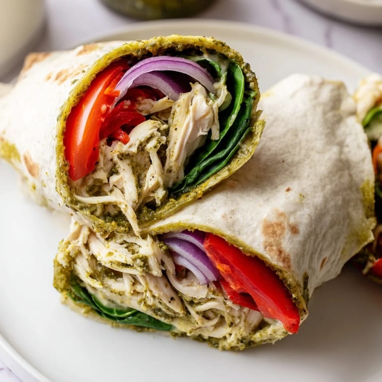 Delicious and colorful pesto chicken wrap, bursting with flavors and textures in every bite.
