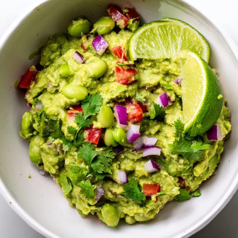 Freshly made Edamame Guacamole, packed with avocado and edamame, ready for dipping and enjoying.
